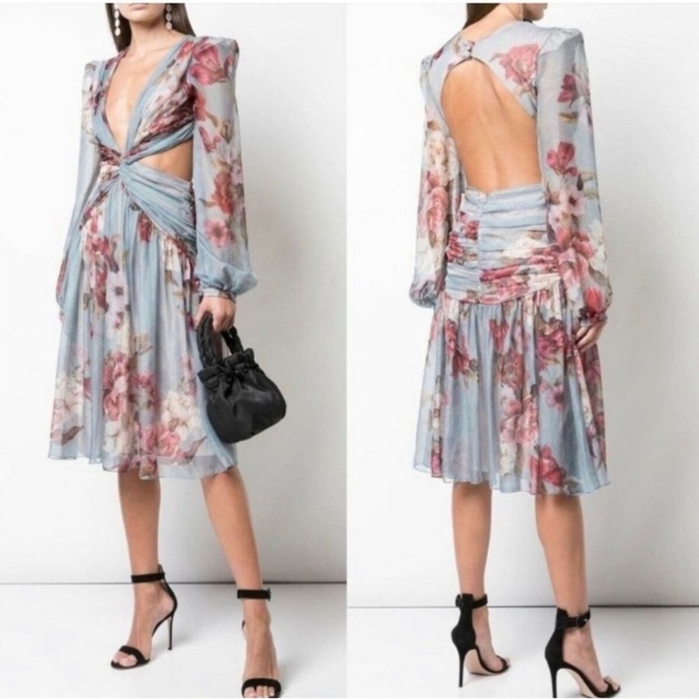 PatBo cut-out twist front midi-dress, long sleeve, open back, lined.